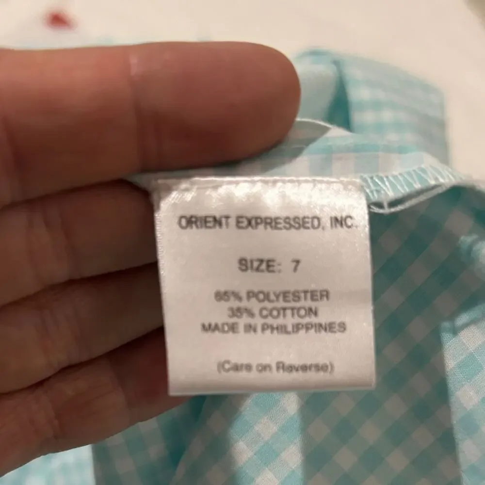 Orient express 7 Blue Gingham Sleeveless Dress smocking with daisies very long